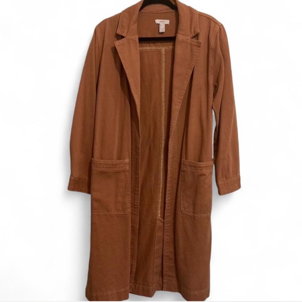 Forever 21 Brown Long Open Front Rust Brown Trench Coat Denim Jacket Fall